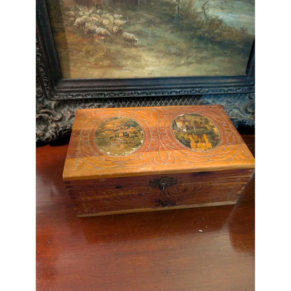 Vintage Cedar Carved Wooden Jewelry Box Decoupage Landscape Mirror Dovetail